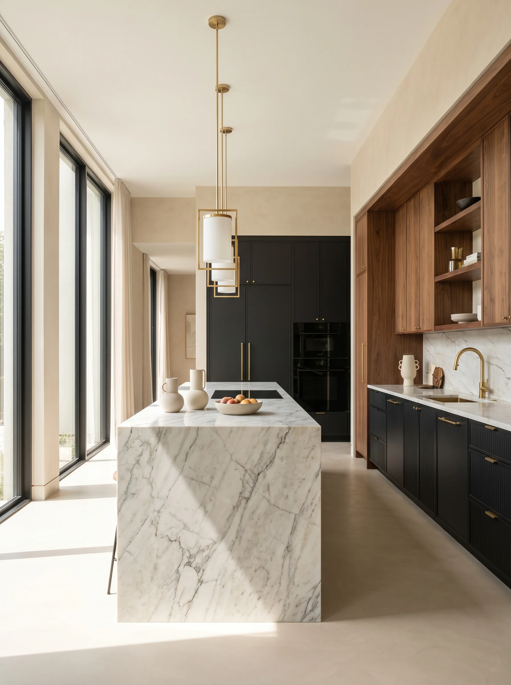 Modern luxury kitchen with mixed cabinet styles including matte black and wood cabinets, designed for a sleek 2026 kitchen
