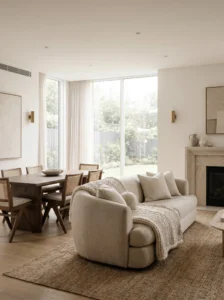 Open plan living room dining room combo with beige aesthetic, modern furniture, and cozy natural lighting