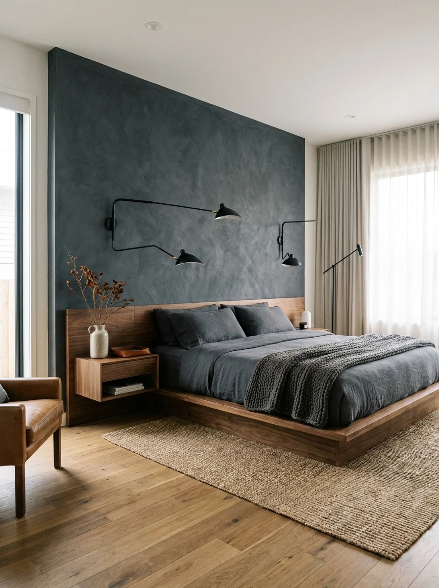 Modern men’s bedroom with neutral tones, platform bed, and minimalist decor for a clean aesthetic look