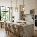 Modern kitchen island with stylish pendant lights, neutral tones, and luxury minimalist interior design