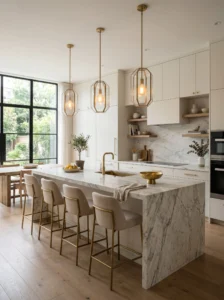 Modern kitchen island with stylish pendant lights, neutral tones, and luxury minimalist interior design
