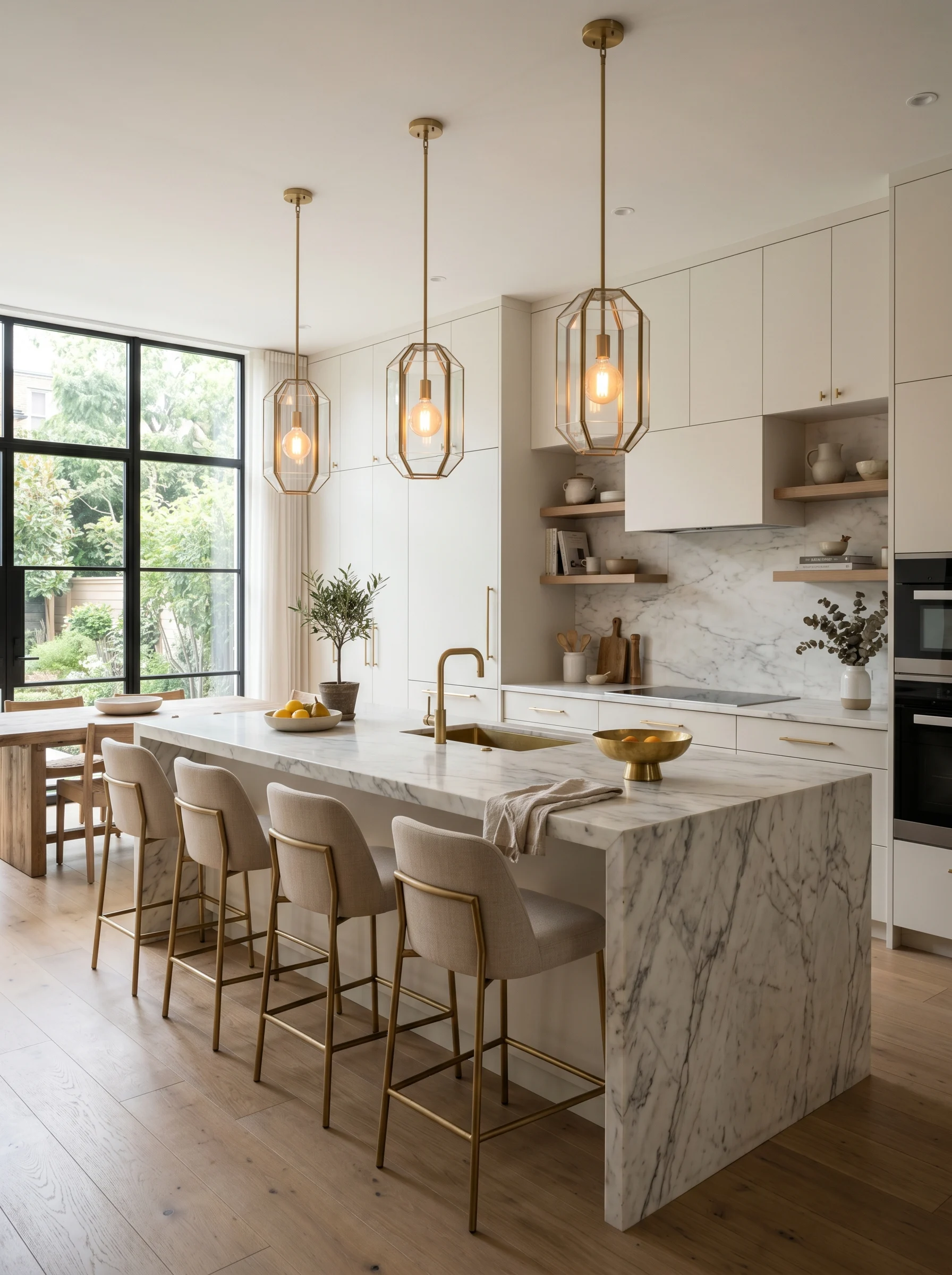 Modern kitchen island with stylish pendant lights, neutral tones, and luxury minimalist interior design