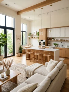 Open kitchen and living room design with modern neutral decor and seamless flow between spaces
