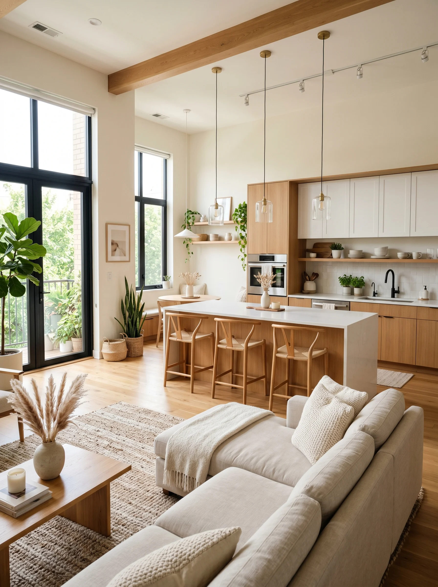 Open kitchen and living room design with modern neutral decor and seamless flow between spaces