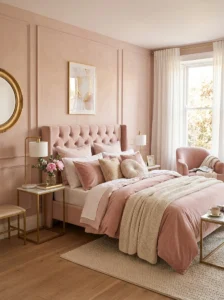 Soft pink bedroom design with blush wall, velvet bed, and layered bedding for a cozy feminine aesthetic