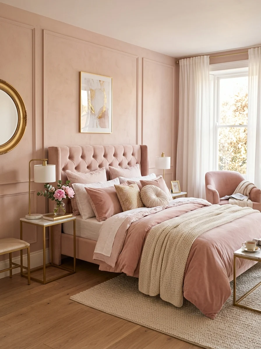 Soft pink bedroom design with blush wall, velvet bed, and layered bedding for a cozy feminine aesthetic