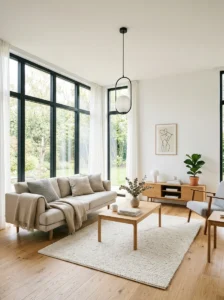 Scandinavian living room clean style with neutral decor and cozy minimal design