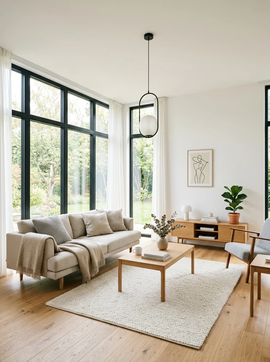 Scandinavian living room clean style with neutral decor and cozy minimal design