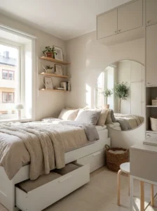 Small bedroom ideas with space-saving furniture, storage bed, floating shelves, and light modern decor
