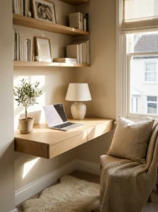Small home office ideas for productivity featuring minimalist desk, neutral decor, and cozy workspace setup