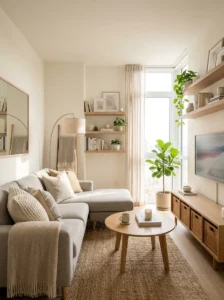 Small living room ideas with neutral decor, smart storage, and cozy modern styling to maximize space in a compact home.