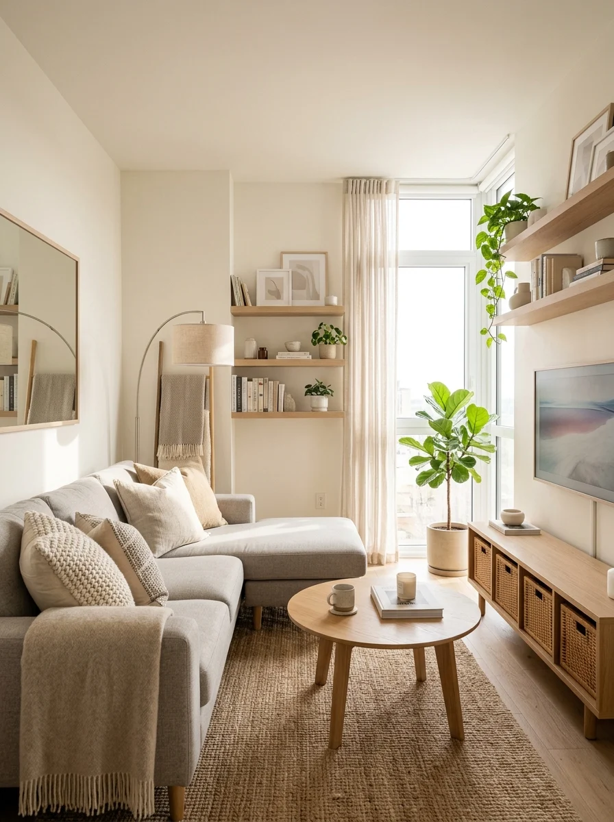 Small living room ideas with neutral decor, smart storage, and cozy modern styling to maximize space in a compact home.
