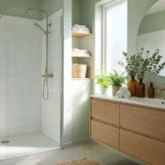 Bathroom color ideas 2026 collage with modern luxury interiors in sage green, navy, beige, and blush tones