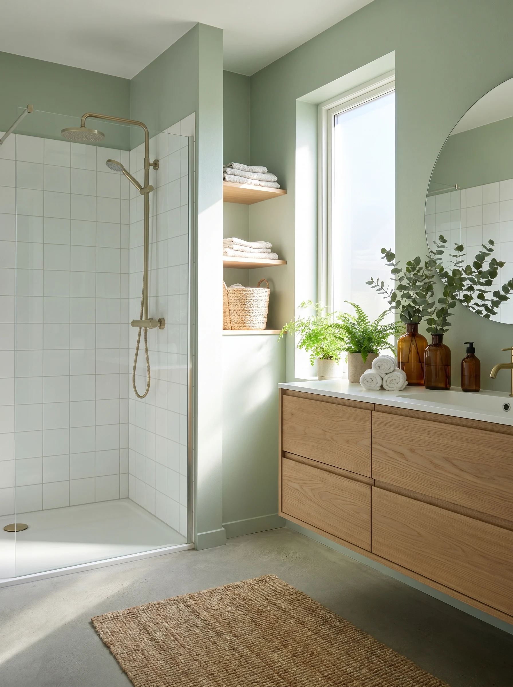 Bathroom color ideas 2026 collage with modern luxury interiors in sage green, navy, beige, and blush tones