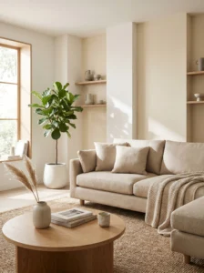 Japandi living room 2026 with neutral tones, wooden furniture, and cozy minimal styling