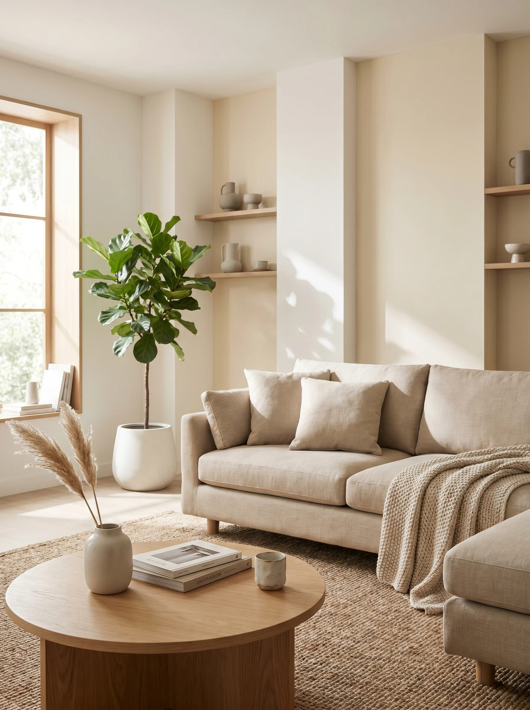 Japandi living room 2026 with neutral tones, wooden furniture, and cozy minimal styling