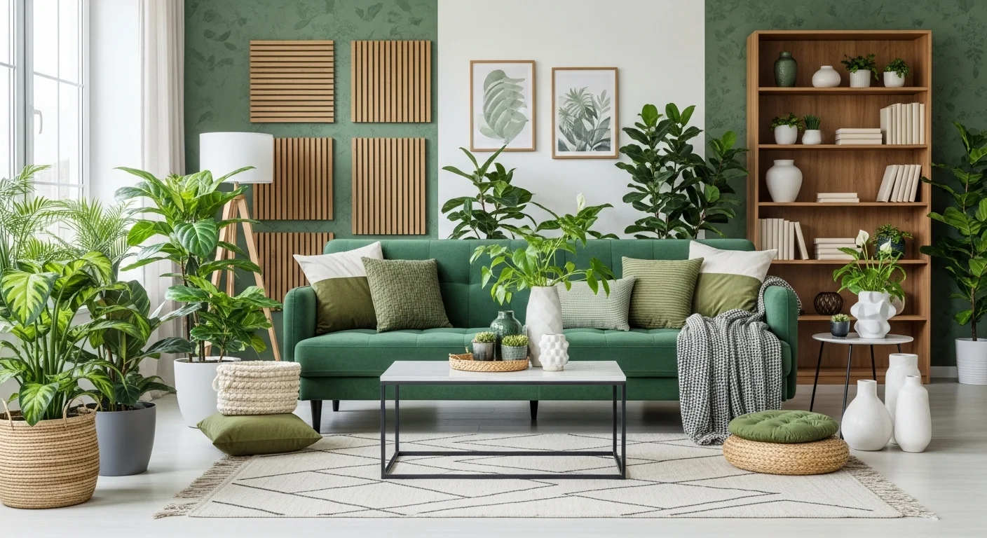 Green living room with plants, natural decor, and fresh cozy atmosphere