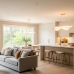Open living room and kitchen combo with cozy seating and modern island design