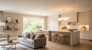 Open living room and kitchen combo with cozy seating and modern island design