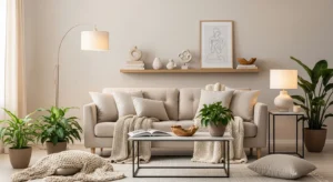Beige sofa living room with cozy decor, neutral tones, and modern styling