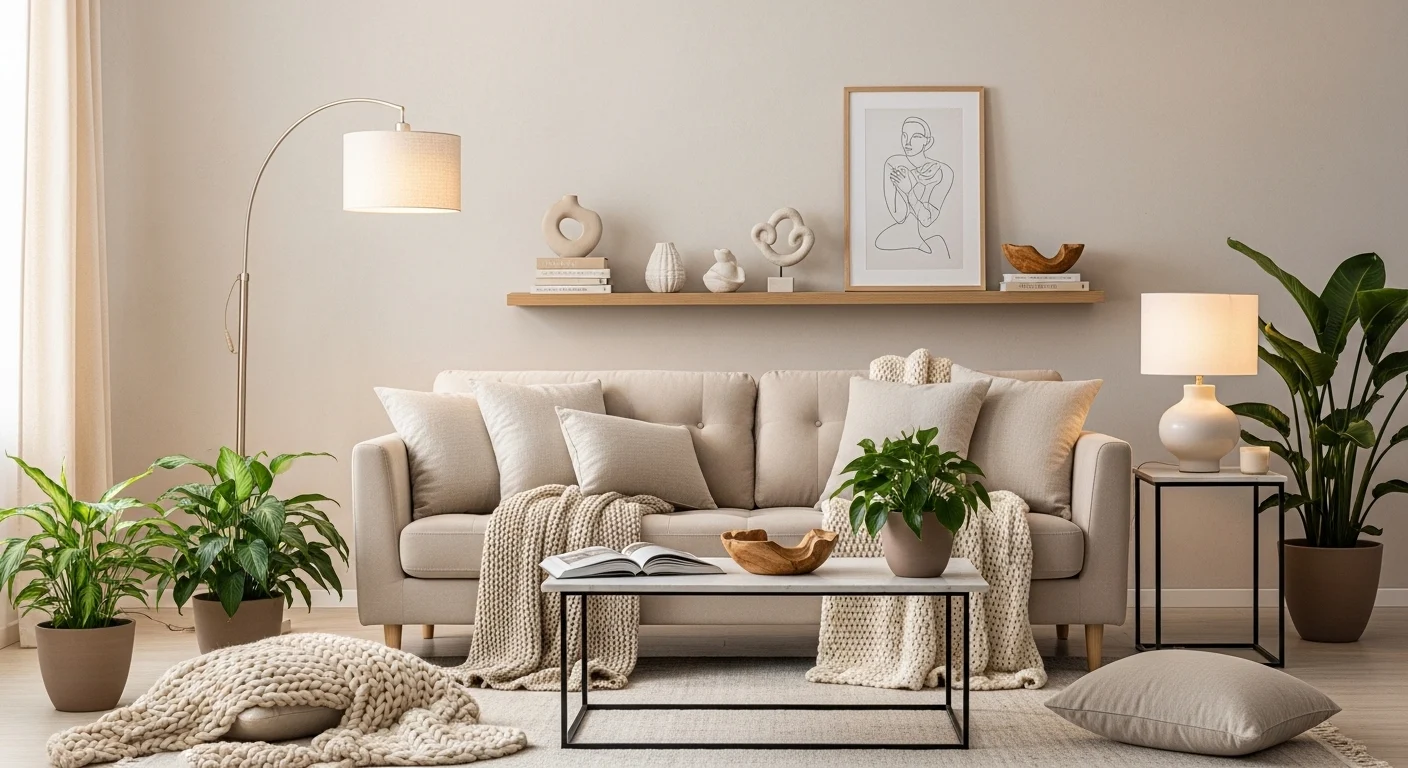 Beige sofa living room with cozy decor, neutral tones, and modern styling