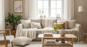 Beige living room with cozy textures, neutral decor, and warm calming design