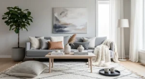 Modern grey living room with cozy sofa, textures, and balanced decor