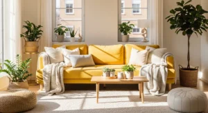 Yellow couch living room with cozy decor, natural light, and modern aesthetic styling