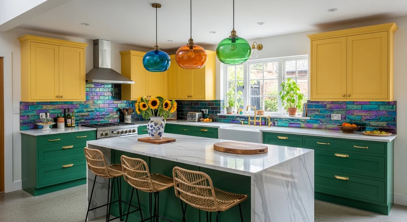 Colorful kitchen with vibrant cabinets and decor creating a bright and lively space