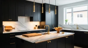 Modern black kitchen with bold design, warm lighting, and stylish decor