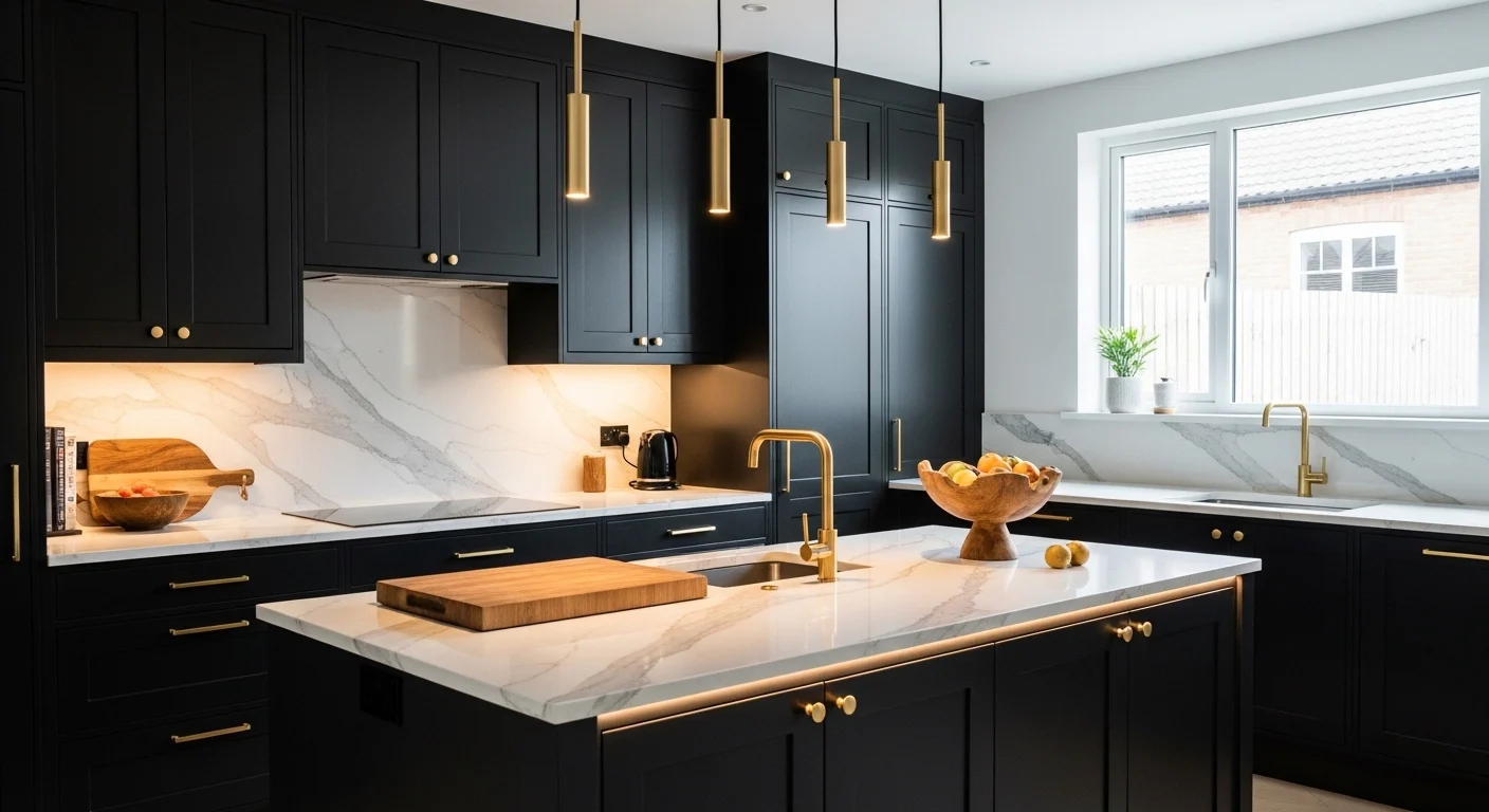 Modern black kitchen with bold design, warm lighting, and stylish decor