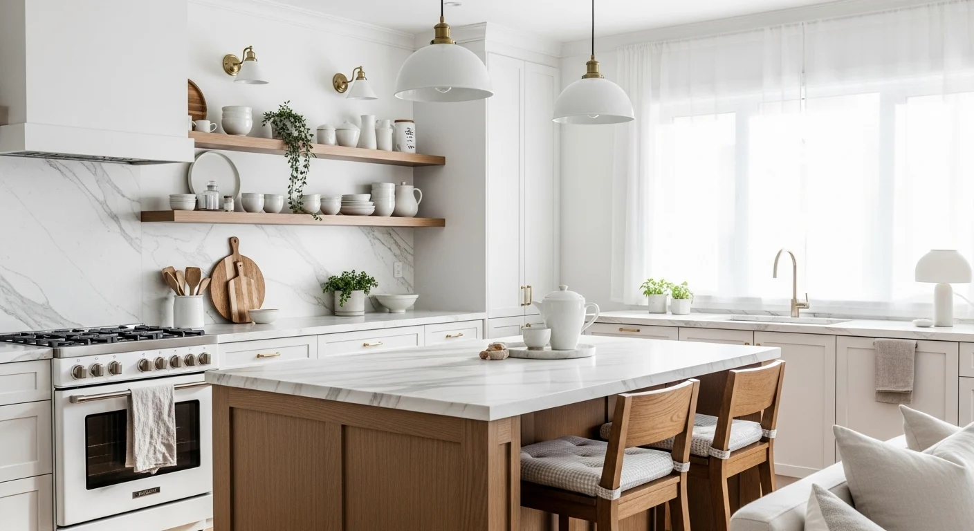 White kitchen with clean design, natural light, and cozy modern decor
