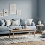 Calm blue living room with soft decor and cozy vibe