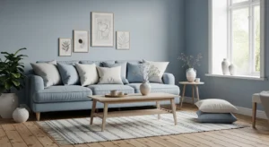 Calm blue living room with soft decor and cozy vibe