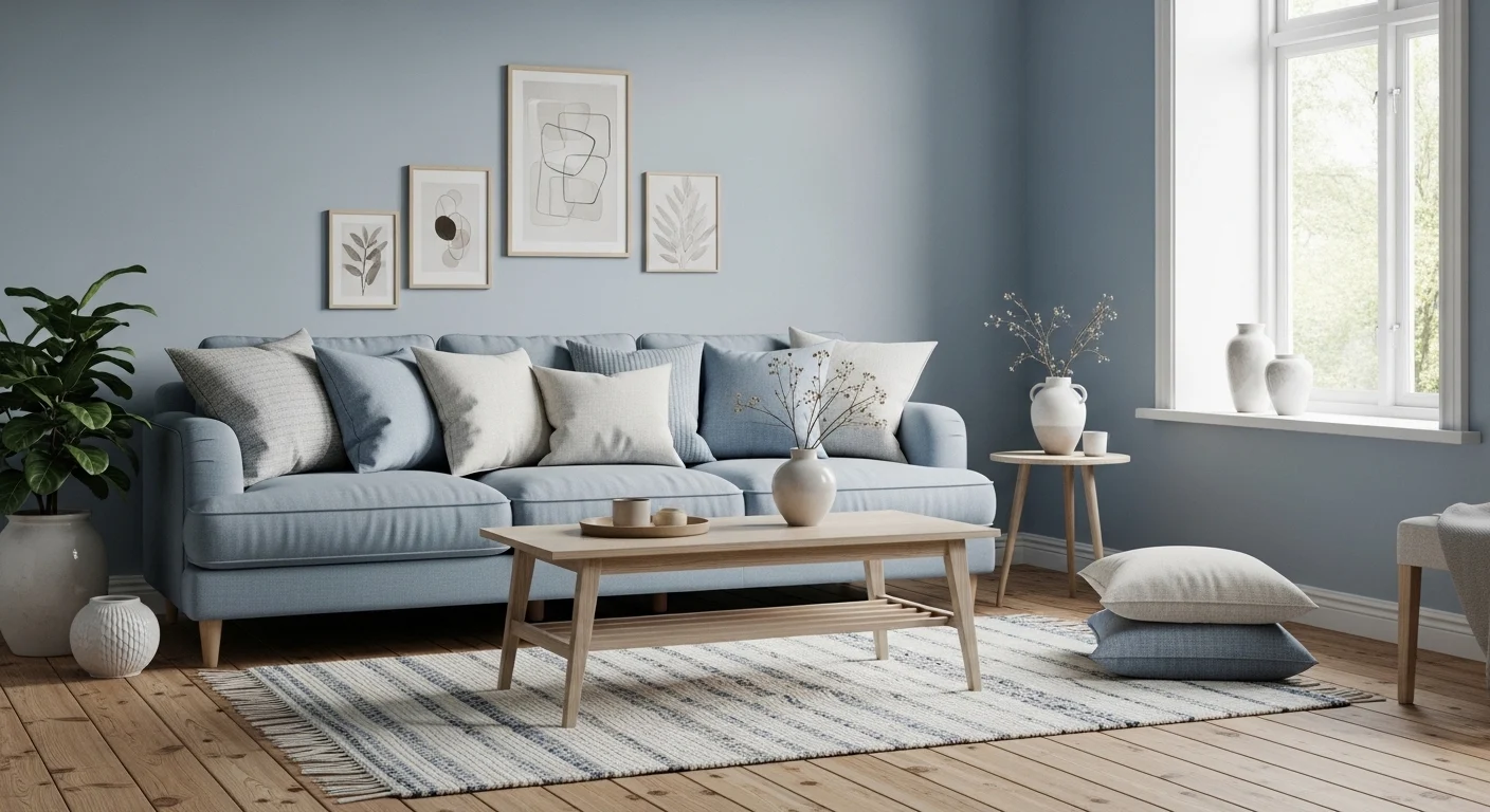 Calm blue living room with soft decor and cozy vibe