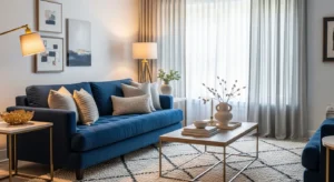 Blue sofa living room with modern decor, cozy textures, and balanced neutral styling