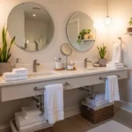 Modern guest bathroom with clean decor, fresh towels, and cozy elegant design