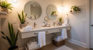 Modern guest bathroom with clean decor, fresh towels, and cozy elegant design