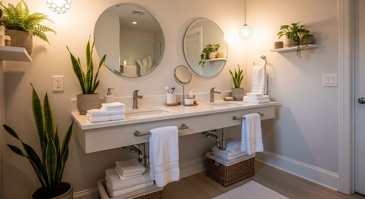 Modern guest bathroom with clean decor, fresh towels, and cozy elegant design