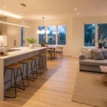 Open living room and kitchen combo with cozy seating and modern kitchen island