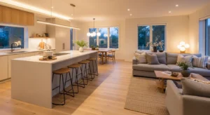 Open living room and kitchen combo with cozy seating and modern kitchen island