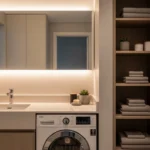 Small bathroom with washing machine setup designed to save space and stay organized