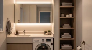 Small bathroom with washing machine setup designed to save space and stay organized