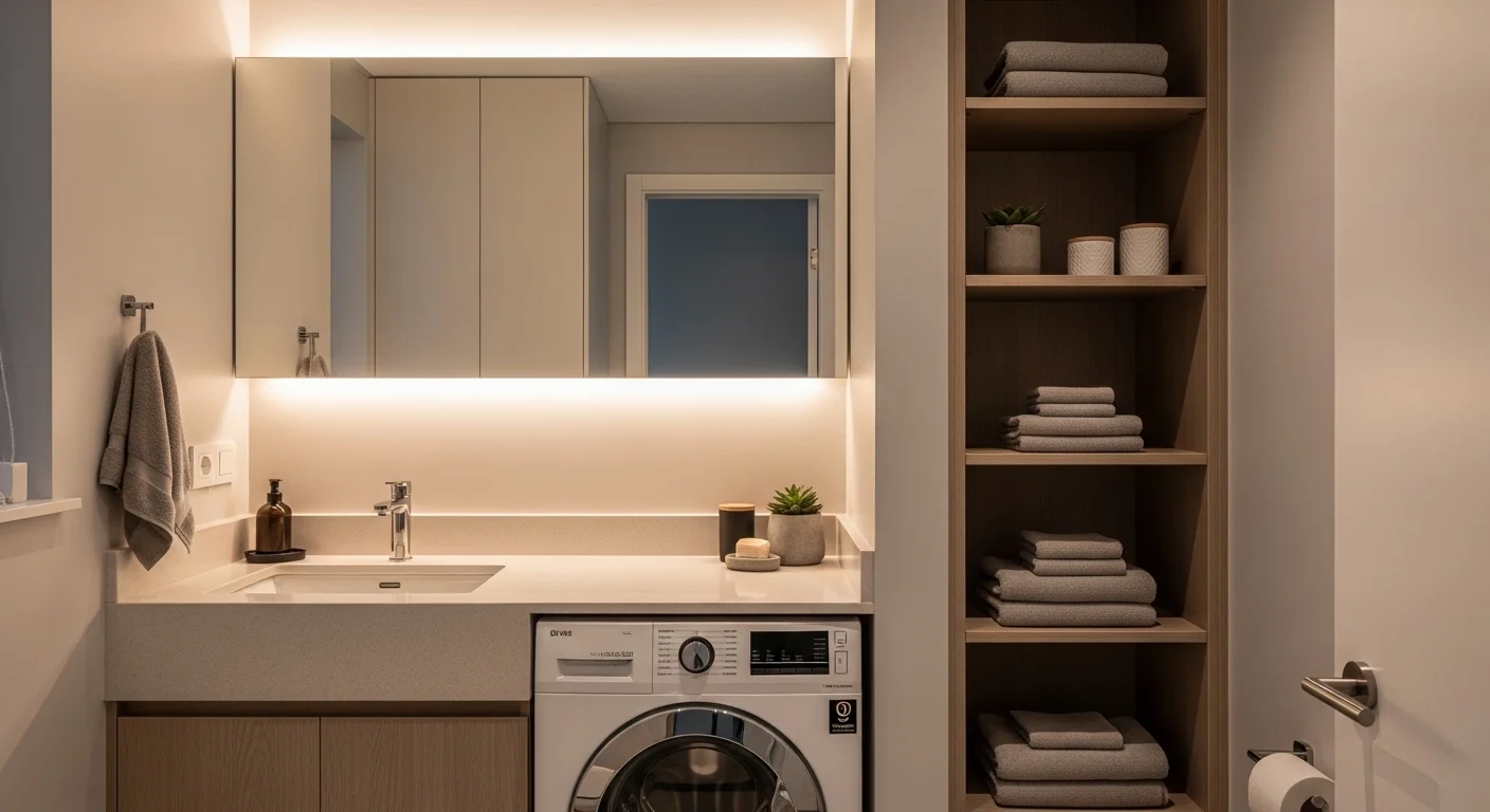 Small bathroom with washing machine setup designed to save space and stay organized