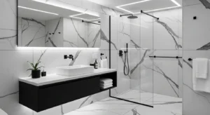 Modern black and white bathroom with sleek design and elegant contrast