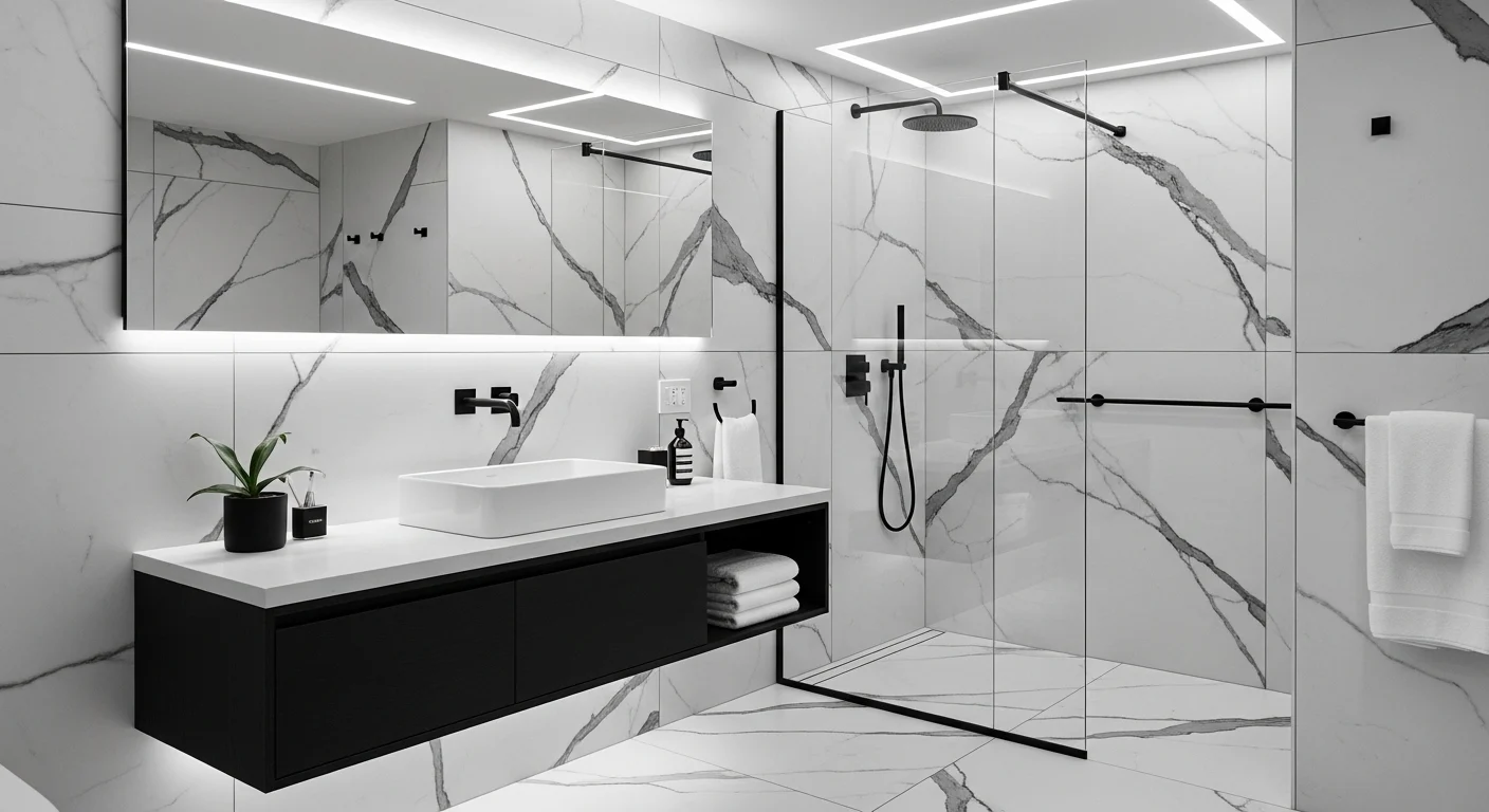 Modern black and white bathroom with sleek design and elegant contrast