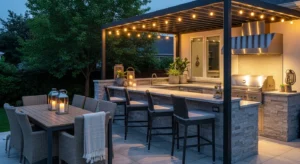 Stylish outdoor kitchen setup with grill, seating, and cozy backyard ambiance