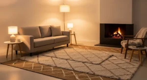 Cozy living room with fireplace, soft seating, and warm inviting decor