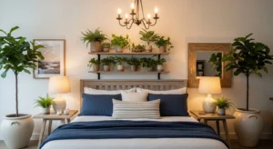 Cozy farmhouse living room with neutral decor, rustic wood, and warm textures