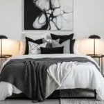 Black and white bedroom with modern elegant decor and cozy lighting